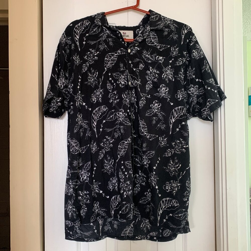 BellField Aloha Shirt Black White Leaves L Size 60% Cotton 40% Viscose India